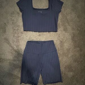 Aerie Navy Ribbed Top and Shorts Set